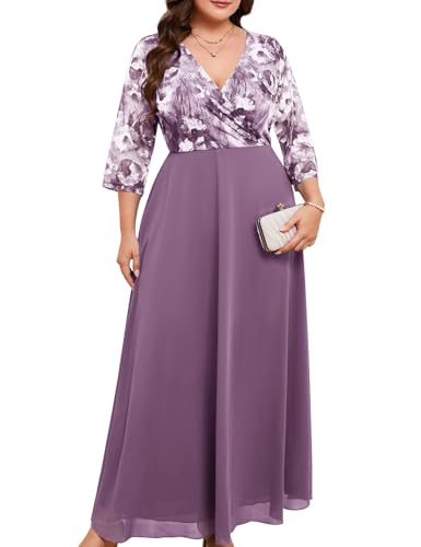 Image of ZOMVA Plus Size Maxi Formal Dress Lace Chiffon Floral V-Neck Wrap Wedding Guest Evening Gown Cocktail Prom 3 /4 Sleeves