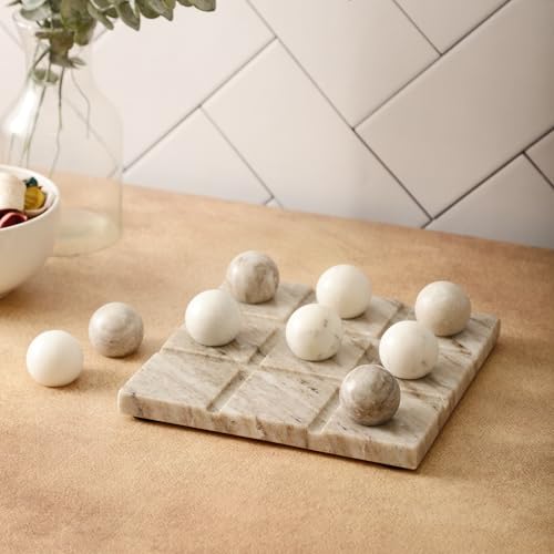 Image of NikkisPride Handmade Marble Tic Tac Toe Board Game with X O Theme Elegant White & Black Marble Accent, Perfect Diwali & Christmas Gift, Unique Gift for Students and Home Decor