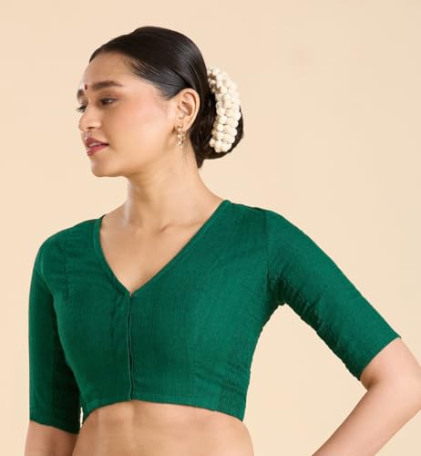 Image of Studio Shringaar Women's Thick Handloom Cotton Plain Side Stretch (Smocked) Readymade Saree Blouse