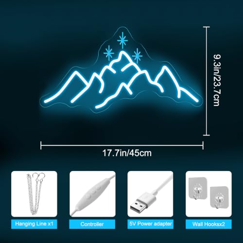 Image of ACOTAR Neon Sign Mountain With Star LED Light Book Lover Gift | Starry Mountain Reading Nook Decoration USB Powered Dimmable Bookish Home Wall Room Deocr Ice Blue 17.7 inchx9.3 inch