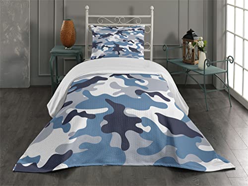 Ambesonne Camouflage Coverlet, Illustration with Abstract Soft Colors Pattern Camouflage Design, 2 Piece Decorative Quilted Bedspread Set with 1 Pillow Sham, Twin Size, Slate Blue Indigo Grey
