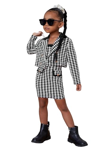 Image of WDIRARA Girl's 2 Piece Outfits Houndstooth Print Double Button Long Sleeve Jacket and Cami Dress Set