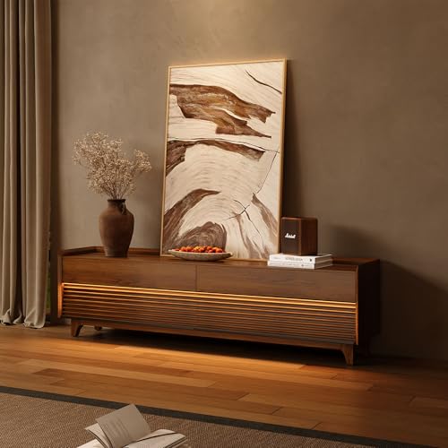 Image of POVISON Fully-Assembled Mid Century Modern TV Stand with Legs, Wood Media Console with Adjustable LED Light, Entertainment Center with Storage for Living Room