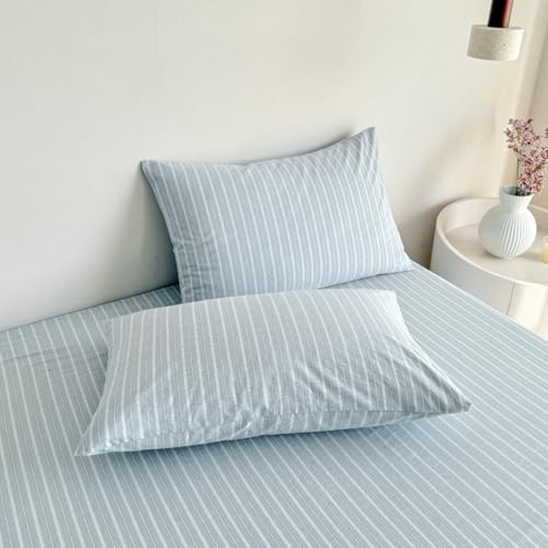 Image of PinkMemory Blue Striped Duvet Cover Set King 100% Washed Cotton Blue Stripes Bedding Duvet Cover Set with Streak Pillowcases-Ultra Soft Breathable Zipper Closure Corner Ties