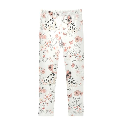 Vdsrup Girls Leggings Pink Flowers Spot Dog Kids Length Leggings Pants Athletic Yoga Pants Toddler Tights Trousers 4T