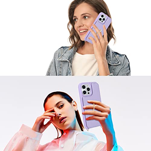 Image of for iPhone 12 /12 Pro Case with Card Holder and Strap for Women,Crossbody Lanyard,RFID Blocking,Kickstand Ring Stand,Snap Clasp,Phone Wallet Cases 6.1 inch(Purple)