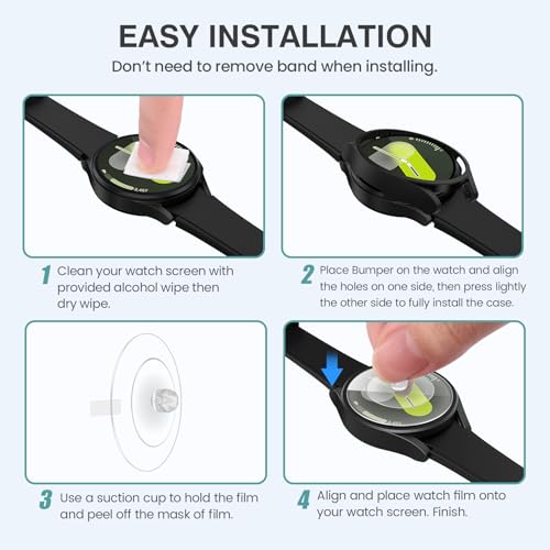 Tensea [5+5Pack for Samsung Galaxy Watch Screen Protector Case 44mm Accessories, Hard PC Bumper & HD Anti-Fog Tempered Glass Protective Film, Face Cover Set, Galaxy Watch Case for Women Men