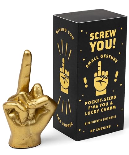 Luckies Golden Middle Finger Lucky Charm - Pocket-Sized Gold Good Luck Token in Elegant Black & Gold Box - Solid Mini Statue - Unique Ring Holder - Novelty Gift, Room Decor or Desk Accessory