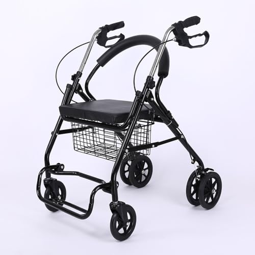 高齢者用 シルバーカー 歩行器|四輪歩行車 手押し車 歩行補助 超軽量 座れる 耐荷重 150kg 折り畳み式 高さ調節可 ブレーキロック機能付き 取り外せるバッグ付き 室内屋外両用 (黒バスケット)