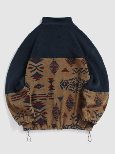 Image of ZAFUL Aztec Print Fleece Jacket - Unisex Full Zip Hoodie with Stand Collar, Pockets & Fluffy Texture