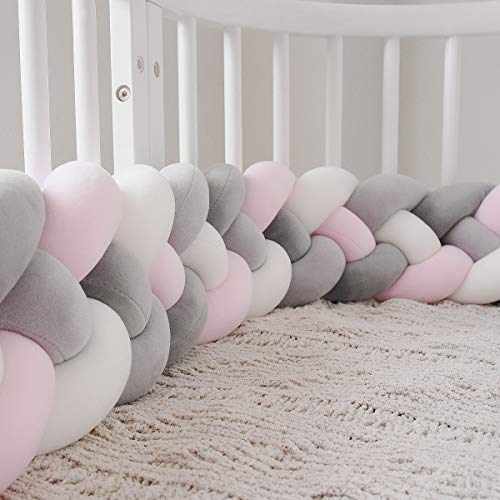MAICHIHUOY 220cm Bettumrandung, Baby Krippe Stoßstange Krippe Baby Nestchenschlange 4 Weben Bettumrandung für Babybett Kinderbett Bettausstattung (Hellrosa+Grau+Hellgrau+Weiß)