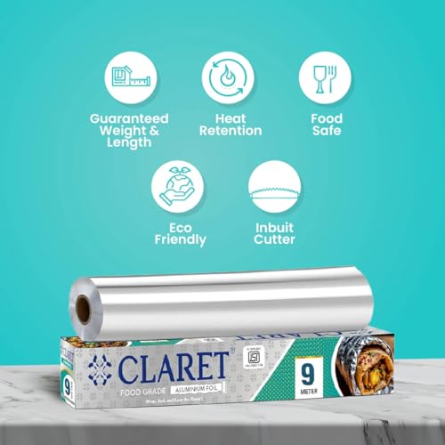 Image of Claret Food Grade Aluminium Foil Roll | 9 Meter | Kitchen Foil for Wrapping Roti Snacks Lunch | Safe & Hygienic Foil for Everyday Use (Pack Of 1)