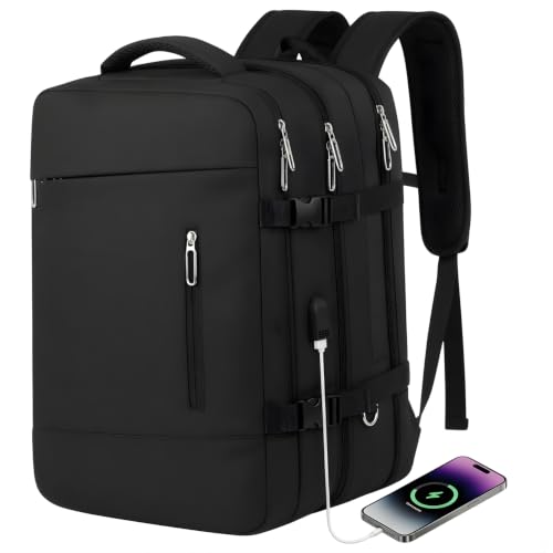 Mochila Viagem Avião Viral Expansível 30-40L Impermeável Premium, Bagagem de Mão Mala de Bordo Compartimento para Notebook 15.6', Executiva para Trabalho Diário - Preta
