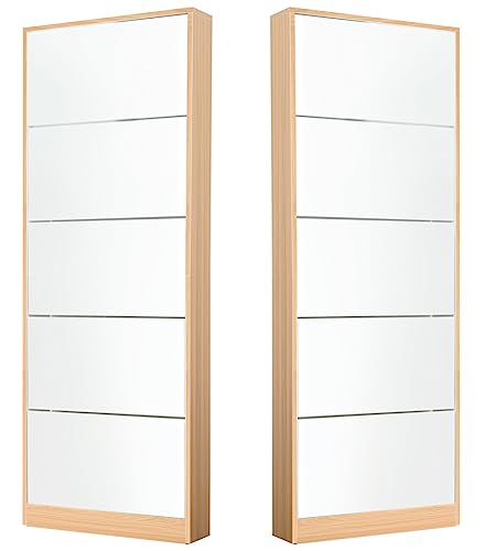 Simpolu 靴箱 5段 木製 下駄箱 スリム 防塵 シューズラック 薄型 省スペース 靴収納ラック 扉付き 大容量 おしゃれ シューズキャビネット ミラー付き玄関収納 全身鏡 shoes rack (ナチュラル)…