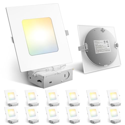 Amico 12 Pack 6 Inch Ultra-Thin LED Square Recessed Light with Junction Box 5CCT 2700K/3000K/3500K/4000K/5000K Selectable 1050LM Brightness Dimmable Canless Wafer Downlight 12W ETL&FCC