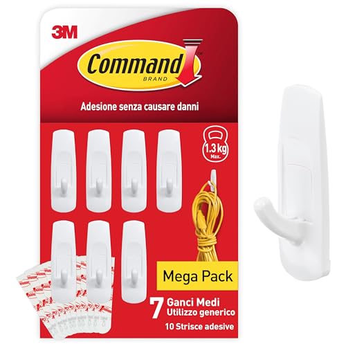 Command Ganci Medi Adesivi Bianco, 7 Ganci e 10 Strisce per Interni - ottimi per Appendere Abiti, Borse e Strofinacci senza Forare il Muro