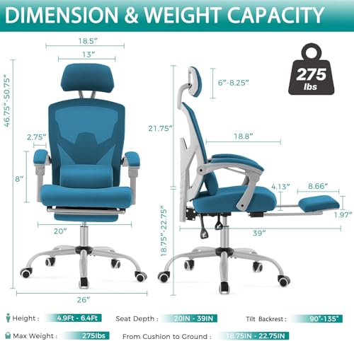 DUMOS Home Office Desk Chair with Footrest, High-Back Mesh Rolling Swivel Reclining Chairs with Wheels, Comfortable Headrest, Lumbar Support, Comfy Arms for Home, Office, Gaming, Student, Elegant Blue