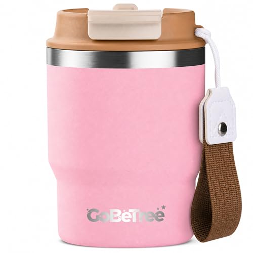 GoBeTree Termo Café 360 ml Acero Inoxidable Cuarzo Rosa Tumbler Pequeño. Vaso térmico café para llevar con doble pajita, taza térmica y vaso 360 ml para oficina y regalo