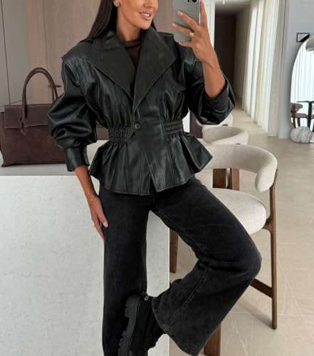 chouyatou Women 2025 Fall Shawl Collar Peplum Faux Leather Jacket Trendy Moto Dressy Casual Winter Coats2