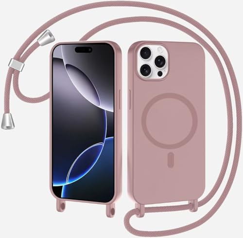 SLWYF Magnetische Handykette für iPhone 11 Pro Max Hülle mit Band Handyhülle Kompatibel mit MagSafe Silikon Seil Necklace Handyhülle PU Stoßfest mit Abnehmbar Kordel zum Umhängen Case - Sandpulver