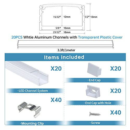 Muzata 20Pack 3.3FT/1M White LED Channel with Clear Transparent LED Strip Cover 18x13mm Wide Aluminum Channel U Shape Profile Track for Waterproof LED Strip U103 1M HT, LU2 LP1 - Thumbnail 2