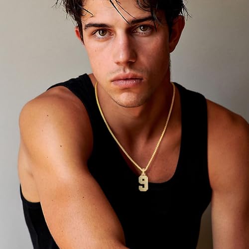 FindChic Bling Number Necklace Baseball Chain 14K Gold Plated Sports Football Pendant Hip Hop Cubic Zirconia Iced Custom Name Personalized Jewelry for Men Boys, Tennis Chain 18'' to 30'' + Gift Box2