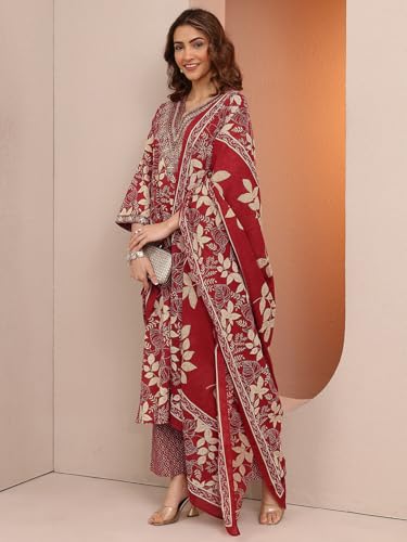 Image of Libas Printed Cotton Straight Kurta With Trousers and Dupatta | daily wear suit
