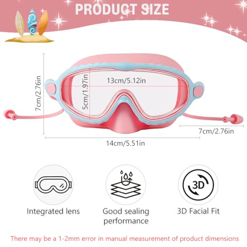 Image of PROBEROS Swimming Goggles for Kids, 2-in-1 Wide View Goggles Lenses with Anti-Choke Nose Cover & Intergrated Earplugs, Adjustable Headstrap No Pressure Swim Goggles for Children for 4-12 Years, Pink