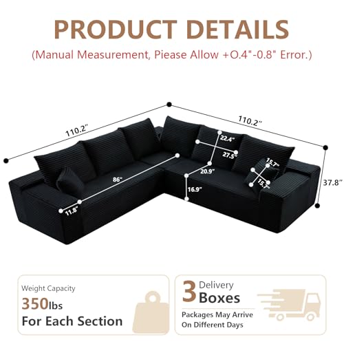 Image of Oversized Modular Sectional Sofa Couch, Large 5 Seater Corner Sofa Modern V Shaped Sectional Couch Cloud Couches for Living Room, Office, Spacious Space, Corduroy, No Assembly Required, Black
