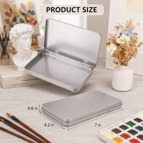 Image of Geiserailie 20 Pack Rectangular Metal Tin Box with Lid Metal Hinged Lid Tin Mini Paint Storage Box Empty Container Storage for Watercolor Jewelry Pen Candy Craft Organizer 7.0 x 4.2 x 0.6'' (Sliver)