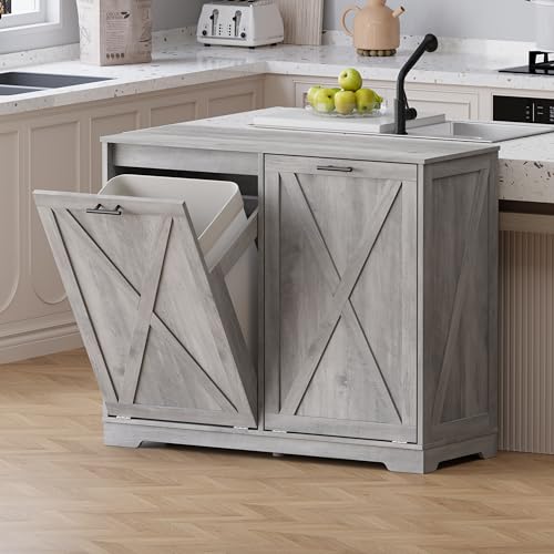 Image of Double Tilt Out Trash Can Cabinet, Wooden Farmhouse Kitchen Garbage Bin Enclosure with Negative Ion Odor Control, Hidden Dog Proof Trash or Laundry Basket Storage for Laundry Room, Grey