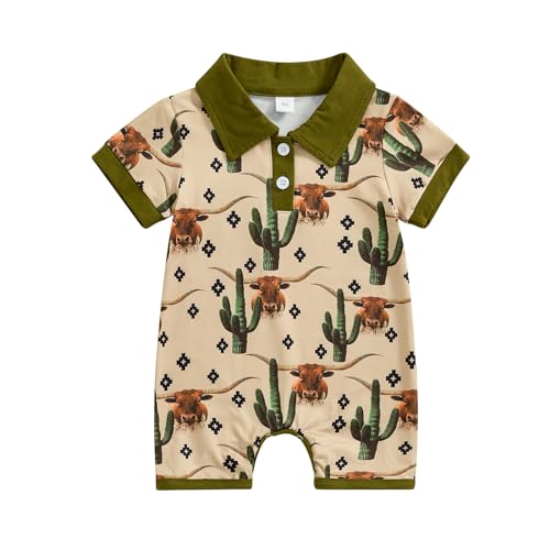 Image of Lesimsam Newborn Baby Boy Western Clothes Cow/Horse Print Romper Jumpsuit Short Sleeve Button Up Collared Bodysuit Outfit