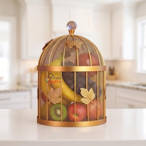 Image of Insect-Resistant Fruit and Vegetables Basket with Lid | Decorative Mesh (Jaali) Fruits and Vegetables Holder for Home and Kitchen - Gold