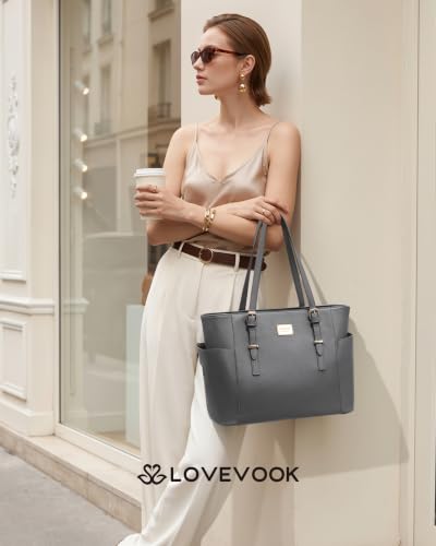 Image of LOVEVOOK Laptop Tote Bag for Women, Vintage Leather 15.6 Inch Work Tote with Large Water Bottle Pocket, Teacher Nurse Professional Computer Bag, Office Briefcase Handbag Gift, Dark Gray