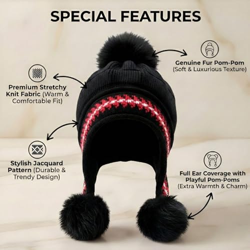Image of Kraptick Children's Winter Cap: Velvet Thick Warm Woolen Knit Hat with Ear Protection for Children Stylish Korean Beanie with Long Pompom Ears & Fleece Lining Perfect for Winter -4