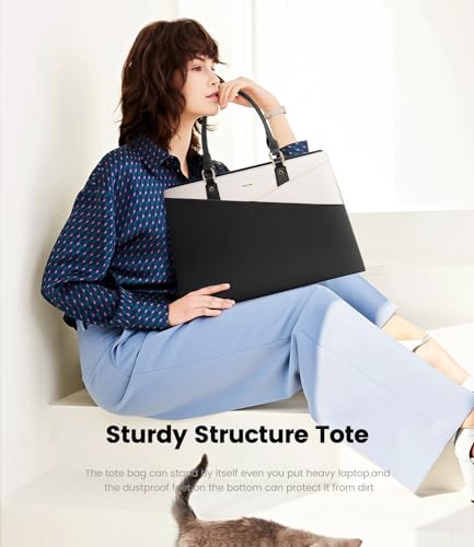 LOVEVOOK Laptop Tote Bag for Women, Leather Business Office Work Bag Computer Briefcase with Small Clutch fit for 15.6 Inch Laptop Black-Beige2