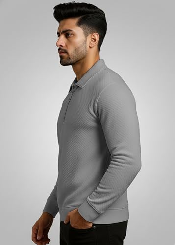 Image of Peppyzone Men's Full Sleeve Textured Polo T-Shirt with Collar | Stylish Chain Zip Tshirt for Man | Premium Polyester Lycra Stretch Fabric | Long Sleeve T Shirt for Men