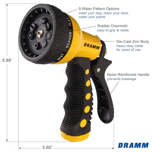 Image of Dramm Revolver Heavy Duty Metal Garden Hose Nozzle - 9 Spray Patterns, High Pressure Jet, Thumb-Control Flow, Ergonomic Grip - Yellow