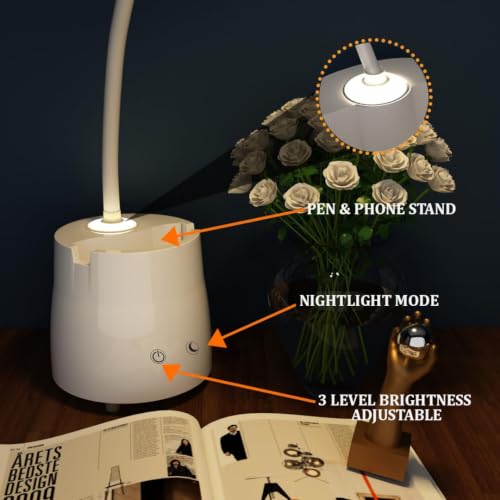 Image of fizzytech 360 Flexible LED Desk Lamp with Pen Holder & Mobile Stand - Touch Control Adjustable Table Light for Reading, Studying, Office & Home Use (White)