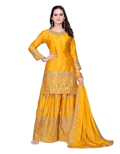 Image of Anvri Textiles Yellow Embroidered Kurta Sharara Set for Women - V-Neck, 3 /4th Sleeves, Knee-Length Kurta with Matching Dupatta - Festive & Haldi Perfect