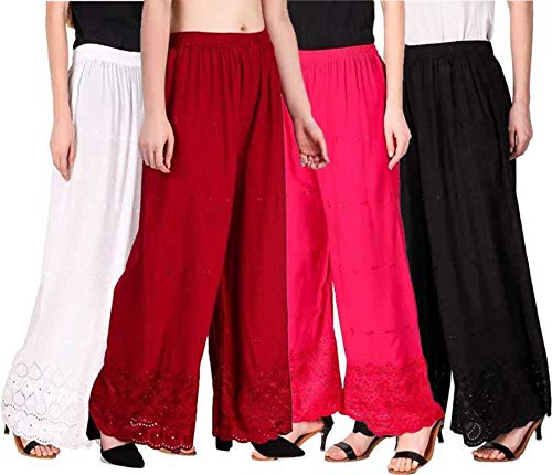 tnq Women's Rayon Lucknow Chicken Work Embroidered Palazzos (Free Size) Combo set of 4 Pcs-picture-20
