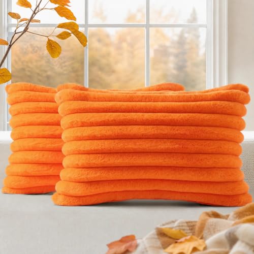 Image of decorUhome Fall Cozy Faux Fur Throw Pillow Covers 12x20 Set of 2 Decorative Soft Plush Striped Lumbar Modern Farmhouse Boho Couch Pillow Cases with Velvet Back for Sofa Bed Living Room, Orange