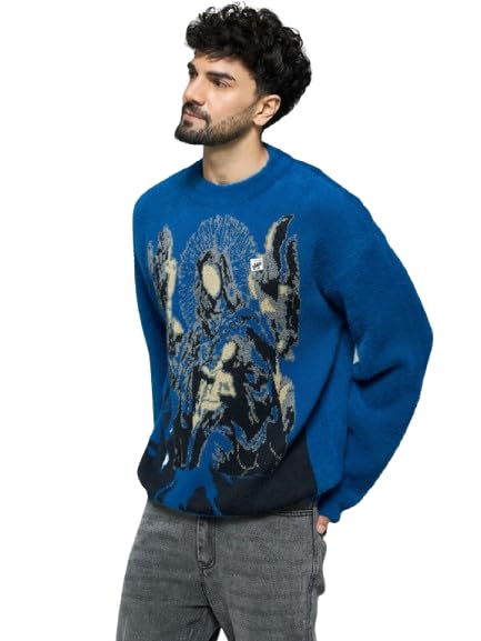 Blue Mohair Mother Mary Acrylic Wool Knitted Sweater | Crew Neck & Oversized Fit | Full Sleeves-image-12