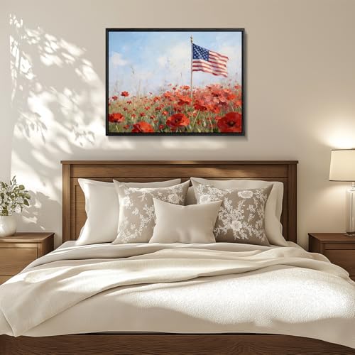 Image of American Flag Framed Canvas Wall Art, 4th of July Floral Canvas Prints, Wildflower Landscape Patriotic Decorations, Vintage Rustic Independence Day Wall Decor for Bedroom Living Room Office 12x16