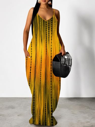 Image of Women's Summer Maxi Dress Spaghetti Strap Floral Boho Beach Long Sundress with Pockets