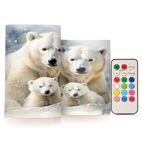 Image of ALAZA Cute Polar Bear Flickering Flameless Candles Battery Operated with Remote Timer,Tea Light Candles LED Pillar Votive Candles Set of 2 for Outdoor Indoor Decorations