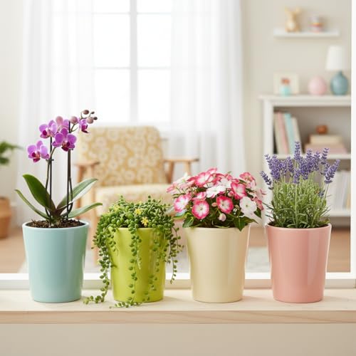 Image of Xtore Contemporary Matte Ceramic Planter Set of 4 for Indoor Plants | Minimalist Colorful Flower Pots for Desk, Shelf & Home Decor Styling (Pack of 4, Planter only)
