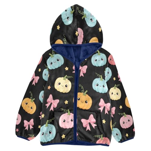 Cute Pumpkins with Bows Pattern Toddler Fleece Jacket Girl Boys Hooded Fleece Jacket Coat Warm Outwear Zip-up 3-10T