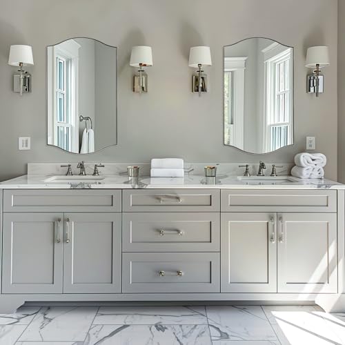 Image of ANDY STAR Rectangle Scalloped Mirror, 24 inchx40 inch Polished Chrome Bathroom Mirror in SUS304 Stainless Steel Metal Frame, Silver Vanity Mirror with Unique Arched Top Design