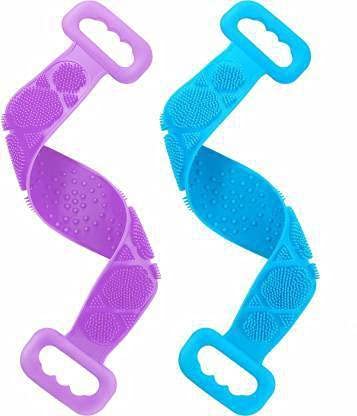 CLEZORA COMBO 2 Pieces Silicone Bath Body Brush Exfoliating Double Side Silicone Body Back Scrubber Belt Long Back Cleaning Shower Strap for Men Women,(MULTI COLOR)